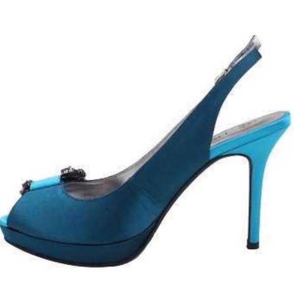 SOLD❗️ New J Renee REGINA Teal & Peacock Jeweled Peeptoe Satin Shoes in Size 8.5 - Picture 13 of 16